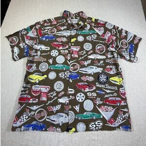 Reyn Spooner Mens XL Brown 50s Muscle Car Print Short Sleeve Button Front Shirt